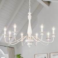 Mrhyswd Distressed White French Country Chandelier 8 Lights Rustic Farmhouse Chandelier For Dining Room Light Fixture Candle Pen