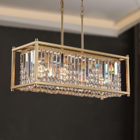 Q&S Gold Modern Chandelier,Rectangle Crystal Chandeliers For Dining Room Luxury Industrial 4 Lights For Bar Kitchen Living Room Office Pool Table Ul Listed