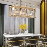 Q&S Gold Modern Chandelier,Rectangle Crystal Chandeliers For Dining Room Luxury Industrial 4 Lights For Bar Kitchen Living Room Office Pool Table Ul Listed