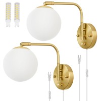 Vatoni Dimmable Wall Sconces Plug In, Swing Arm Wall Lights With Plug In Cord And Dimmer On/Off Knob Switch, Dimmable Wall Light With Milky White Glass Globe Shade(2 Bulbs Included)