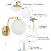 Vatoni Dimmable Wall Sconces Plug In, Swing Arm Wall Lights With Plug In Cord And Dimmer On/Off Knob Switch, Dimmable Wall Light With Milky White Glass Globe Shade(2 Bulbs Included)