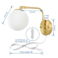 Vatoni Dimmable Wall Sconces Plug In, Swing Arm Wall Lights With Plug In Cord And Dimmer On/Off Knob Switch, Dimmable Wall Light With Milky White Glass Globe Shade(2 Bulbs Included)