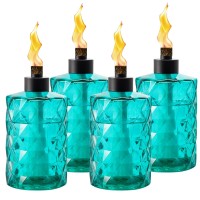 Tesrago 4 Pack Green Glass Table Top Torch,13.5 Oz Citronella Torches For Outside,Refillable Flame Light Torch With Wicks And Covers, Landscape Lanterns Torches For Yard,Patio, Garden,Party Decor