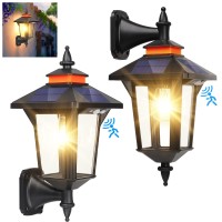 Dreamcolor Solar Wall Light With 4 Solar Panels,Motion Sensor Security Wall Lantern,Dusk To Dawn Porch Light Outdoor Decorative With 3 Lighting Modes,Warm White Wall Mounted Light Fixture (2 Pack)