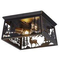 Farmhouse Rustic Deer Flush Mount Ceiling Light Fixture, Metal Wildlife Light Fixtures For Log Cabin Living Room, Kitchen, Bedroom, Balcony, And Outdoor Porch Lighting (Bulbs Not Included)