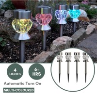 Garden Mile Stainless Steel Crystal Stake Lights - 4 Pack Colour Changing Solar Lights Outdoor Garden With Colour Changing Led - Removable Glass Top - 6 Hours Illumination