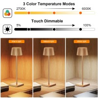 Cordless Led Table Lamps, Rechargeable 6000Mah Battery Operated Waterproof Desk Lamp 3 Colors Stepless Brightness Portable Metal Table Light For Party Patio Restaurant Indoor / Outdoor (Titanium)