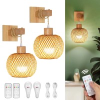 Glitnous Battery Operated Wall Sconce With Remote Set Of 2 Rechargeable Rattan Wall Sconces Battery Operated Bulbcharging Cabl