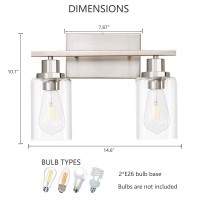 Hccz 2 Light Bathroom Light Fixtures Brushed Nickel Vanity Light Over Mirror Modern Farmhouse Wall Lighting Sconces Wall Lamp For Bathroom, Bedroom, Living Room E26 Socket With Glass Shade