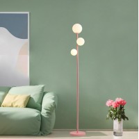 Fiqevs 3 Globe Floor Lamp With Sphere Frosted Glass Shade And Warm Light Led Bulbs, Pink Modern Standing Lamp, Cute Led Tall Pole Lamp For Living Room, Bedroom, Girls Room - Elegant Pink