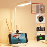 Desk Lamp Battery Operated, With Pen Holder, Usb Charging Port, Phone Holder, 3 Color Rechargeable Lamp, Dimmable Battery Desk Lamp, Portable Mini Lamp, White Small Led Desk Lamp For Small Space