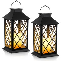 2 Pack Solar Hollow Lanterns Outdoor Waterproof Patio Hanging Lanterns With Led Flickering Flameless Candle Lights Decorative