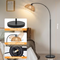 Boho Standing Lamp, Farmhouse Rattan Floor Lamp, Bohemian Arc Standing Floor Lamps With Adjustable Hand-Worked Rattan Shade, Foot Switch, Boho Floor Lamp For Living Room (Bulb Not Included)