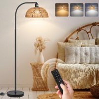 Rattan Floor Lamp Boho Standing Lamp With Remote Control And Dimmable Bulb Handworked Adjustable Rattan Shades Black Farmhou