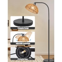 Farmhouse Rattan Floor Lamp, Black Rustic Tall Floor Lamp, Boho Floor Lamps With Hanging Adjustable Hand-Worked Rattan Shade, Foot Switch, Black Pole Lamps For Living Room (Bulb Not Included)