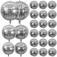 24 Pcs Disco Ball Balloons Different Sizes- 4D Large Disco Balloons 10 Inch 15 Inch 18 Inch 22 Inch Assorted Round Metallic Silver Disco Balloons For Disco Themed Party Decor Supplies