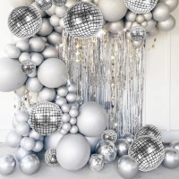 24 Pcs Disco Ball Balloons Different Sizes- 4D Large Disco Balloons 10 Inch 15 Inch 18 Inch 22 Inch Assorted Round Metallic Silver Disco Balloons For Disco Themed Party Decor Supplies