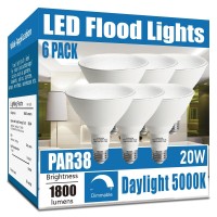 Gonhom Par38 Led Flood Light Bulbs Outdoor 6 Pack, Dimmable 5000K Daylight, 20W Replace Up To 200W, 1800Lm, E26 Base Outdoor Flood Light Bulbs For Backyard, Garage, Porch, Gardens