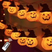 Runleo Halloween Pumpkin String Lights With Witch Hat 20 Led 164Ft 8 Modes Timer 3D Waterproof Orange Jackolantern Battery O