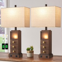 Farmhouse Rustic Table Lamps Set Of 2 For Living Room Bedroom, Modern Lamp With Dual Usb Ports, Vintage Nightlight Bedside Nightstand Lamps, Retro Wooden Desk Lamp For End Table, 4 Bulbs Included