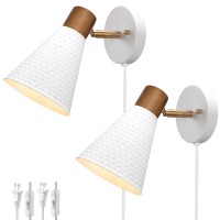 White Plug In Wall Sconces Set Of 2 Modern Wall Light With Plug In Cord Wooden Plug In Wall Lamps With Hammered Metal Shade C