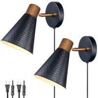 Black Plug In Wall Sconces Set Of 2 Modern Wall Light With Plug In Cord Wooden Plug In Wall Lamps With Hammered Metal Shade C