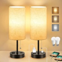 Kukobo Table Lamps Set Of 2, Bedside Lamp For Bedroom Living Room, Nightstand Lamp With Usb Charging Port & Ac Outlet, 2700K 4000K 5000K Pull Chain Desk Lamp 2Pk Black(2 Blubs Included).