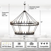 2 Tier Extra Large Wagon Wheel Chandelier 70 Inch 64-Light Black Farmhouse Wagon Wheel Chandeliers Round Industrial Ceiling Light Fixtures For Outdoor Porch High Ceilings Living Dining Foyer Entryway