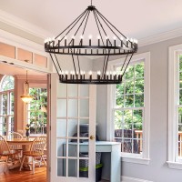 2 Tier Extra Large Wagon Wheel Chandelier 70 Inch 64-Light Black Farmhouse Wagon Wheel Chandeliers Round Industrial Ceiling Light Fixtures For Outdoor Porch High Ceilings Living Dining Foyer Entryway