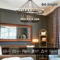 2 Tier Extra Large Wagon Wheel Chandelier 70 Inch 64-Light Black Farmhouse Wagon Wheel Chandeliers Round Industrial Ceiling Light Fixtures For Outdoor Porch High Ceilings Living Dining Foyer Entryway