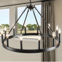 Zbmyrbzj Black Wagon Wheel Chandelier 32 Inch,12-Light Farmhouse Wagon Wheel Chandeliers Round Industrial Ceiling Light Fixtures For Outdoor Porch High Ceilings Living Dining Room Foyer Entryway