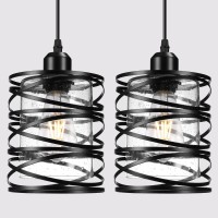 2 Pack Black Farmhouse Pendant Lights Kitchen Island Decor Modern Seeded Glass Over Sink Pendant Light Fixture Adjustable Bar