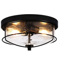 Foucasal Black Flush Mount Ceiling Light With Seeded Glass Shade, Farmhouse Outdoor Ceiling Light Fixtures 2-Light Metal Cage Ceiling Lights For Porch