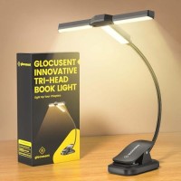 Glocusent Innovative Tri-Head Book Light For Reading In Bed, 3 Colors & 5 Brightness Levels, 1000Mah Rechargeable Reading Light With 30-Min Timer, 10-100Hrs, Partner Friendly, Perfect For Book Lovers