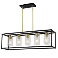 Hccz 5 Light Dining Room Light Fixture Modern Farmhouse Chandeliers Over Table Black Brushed Brass Gold Rectangular Pendent Li