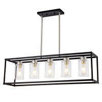 Hccz 5 Light Dining Room Light Fixture Modern Farmhouse Chandeliers Over Table Black Brushed Nickel Rectangular Pendent Lighti