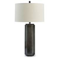 31 Inch Table Lamp, Vintage Pewter Hexagonal Metal Base, Fabric Drum Shade