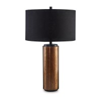 30 Inch Modern Table Lamp, Cylindrical Brass Metal Base, Black Drum Shade