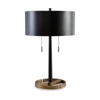 Kien 24 Inch Modern Table Lamp, Black Metal Drum Shade, Gold Toned Base