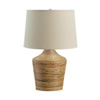 26 Inch Cottage Table Lamp, Metal And Rattan Base, White Fabric Drum Shade