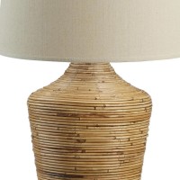 26 Inch Cottage Table Lamp, Metal And Rattan Base, White Fabric Drum Shade