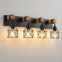 Farmhouse Vanity Light Fixture 4Light Bathroom Lighting Black Industrial Wood Wall Light Over Mirror With Metal Shade Led Bulbs