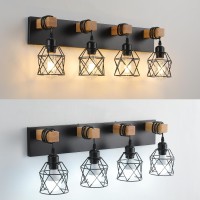 Farmhouse Vanity Light Fixture 4Light Bathroom Lighting Black Industrial Wood Wall Light Over Mirror With Metal Shade Led Bulbs