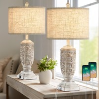 Fullarge Set Of 2 Farmhouse Table Lamps, 27.5'' Tall Rustic Bedside Lamps With Usb Ports, Vintage Nightstand Lamp Leafwork White Resin Lamp With Rotary Switch For Living Room,Bedroom, End Table, Decor