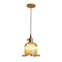 Qufute Gold Modern Pendant Light Mid Century Glass Hanging Lights With Flower Amber Glass Shade 1-Light Vintage Brass Pendant Lighting For Kitchen Island Bedroom Living Dining Room (Amber)