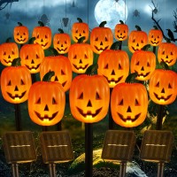 Retisee 10 Pcs Halloween Pumpkin Pathway Markers Lights Solar Powered Pathway String Lights Light Up Jack O Lantern Pumpkin Gard