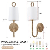 Mhytogn Natural Rattan Wall Sconce Set Of 2, With Boho Woven Wicker And Creamy-White Fabric Shade For Vanity Stairway Fireplace Living Room Bedside Passway Hallway