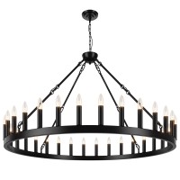 Aeulytir 32-Lights Black Wagon Wheel Chandelier 53 Inch, Round Large Rustic Farmhouse Industrial Style High Ceilings Pendant Lighting Fixture For Living Room, Kitchen Island, Foyer, Entryway, Barn