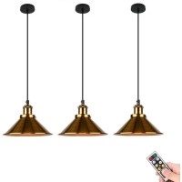 Anuomy 3 Pack Battery Operated Pendant Light With Remote,Indoor Gold No Wiring Ceiling Hanging Lamp,Vintage Wireless Pendant Lighting Chandelier Fixture Brass For Farmhouse Dining Room Kitchen Island