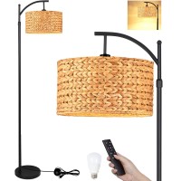 Qiyizm Floor Lamp For Living Room Bedroom Farmhouse Arc Rattan Boho Standing Lamp With Remote Dimmable Black Wicker Bamboo Lamp